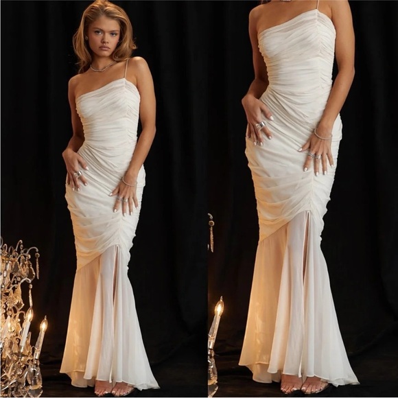 HOUSE OF‎ CB XS D-DD 'Pearla' Ivory Ruched Maxi Dress NWOT size XS